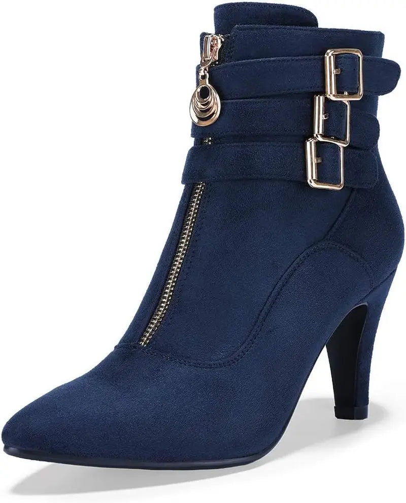 Women'S Pointed Toe Metal Buckle Two Strap Ankle Booties Side Zipper Kitten Heel Dress Classic Short Boots