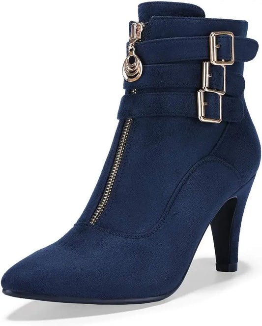 Women'S Pointed Toe Metal Buckle Two Strap Ankle Booties Side Zipper Kitten Heel Dress Classic Short Boots