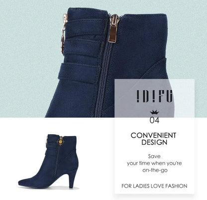 Women'S Pointed Toe Metal Buckle Two Strap Ankle Booties Side Zipper Kitten Heel Dress Classic Short Boots