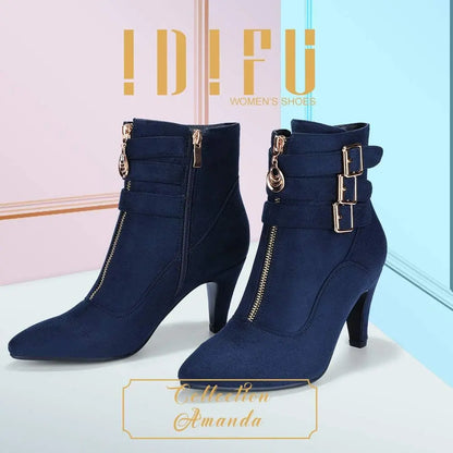 Women'S Pointed Toe Metal Buckle Two Strap Ankle Booties Side Zipper Kitten Heel Dress Classic Short Boots