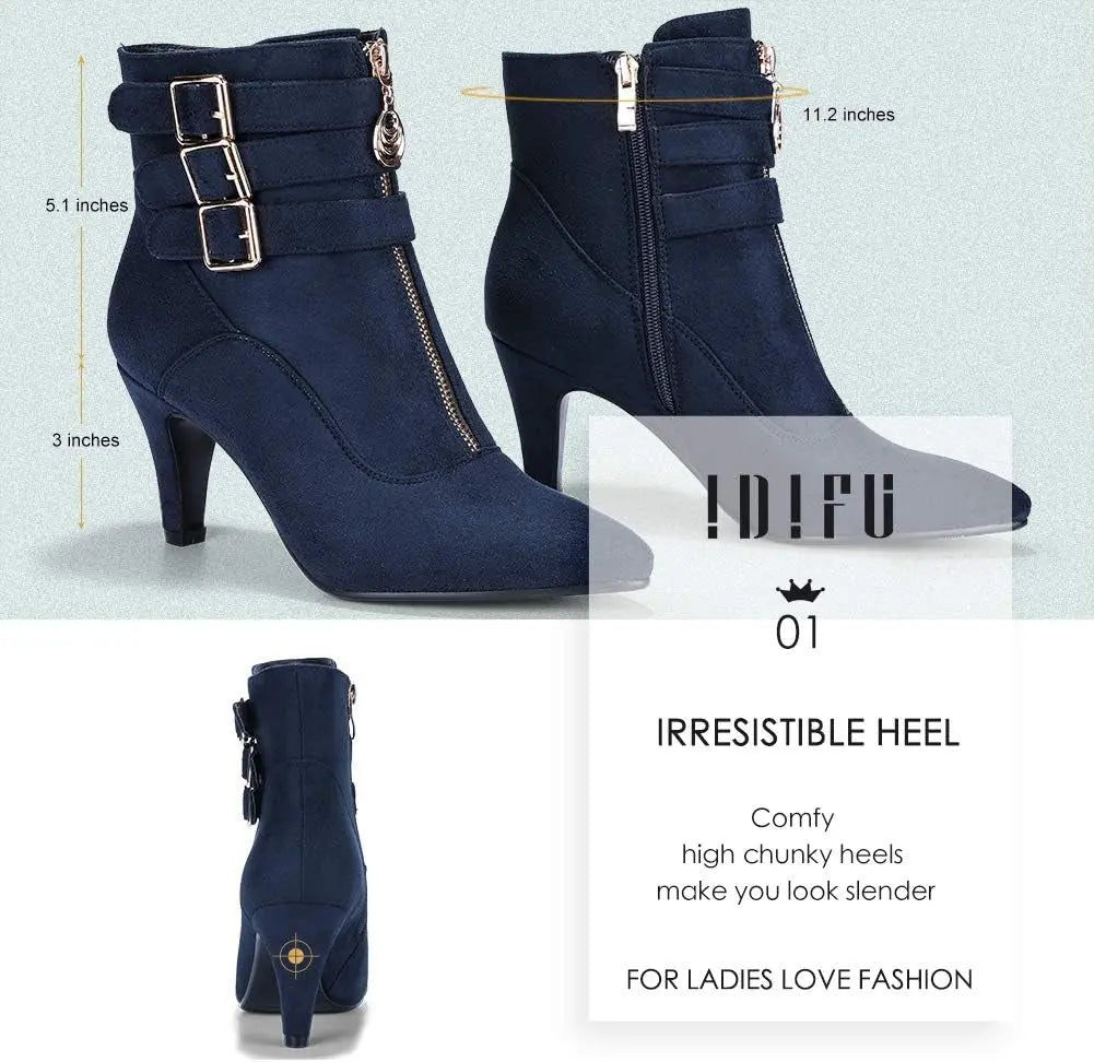 Women'S Pointed Toe Metal Buckle Two Strap Ankle Booties Side Zipper Kitten Heel Dress Classic Short Boots