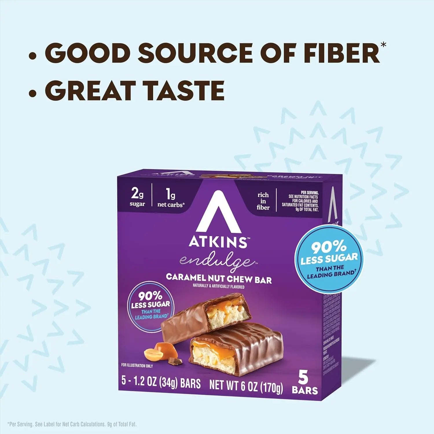 Atkins Endulge Caramel Nut Chew Bar, Dessert Favorite, 1G Sugar, Good Source of Fiber, 5 Count