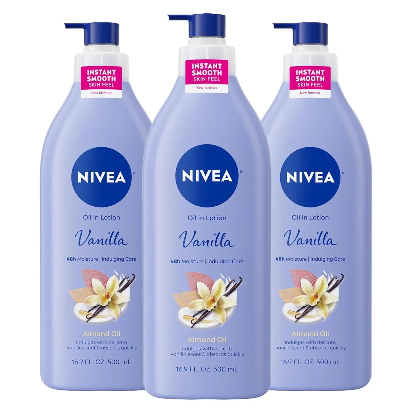 Oil Infused Vanilla and Almond Oil Body Lotion for Women, Fast-Absorbing and Non-Greasy Vanilla Scented Lotion Moisturizes for 48 Hours, 16.9 Fl Oz Pump Bottle, Pack of 3