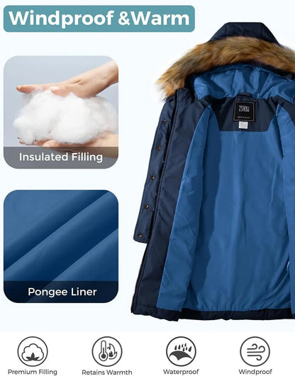 Girls' Long Winter Coat Waterproof Warm Puffer Jacket Hooded Snow Parka