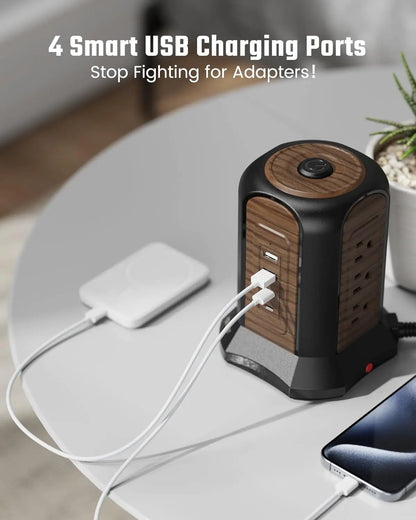 Power Strip Tower Surge Protector, 10 Ft Extension Cord with Multiple Outlets, 9 Outlets, 4 USB Ports (2 USB C), 1080 Joules, 3-Prong, Grounded, Charging Station for Home, Office, Brown