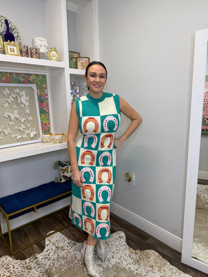 Queen of Sparkles Teal Checkered Horse Shoe Knit Maxi Dress Boutique Bella Bella