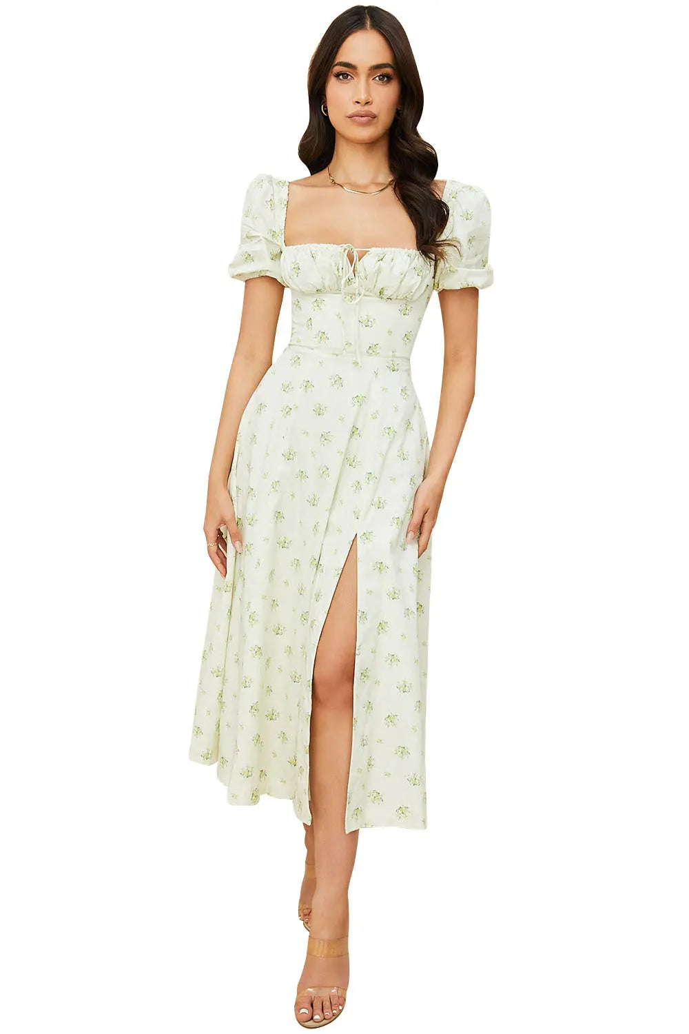 Women Summer Top Product Puff Sleeve Floral Tie Neck High Slit Women Dress Summer Ragazza