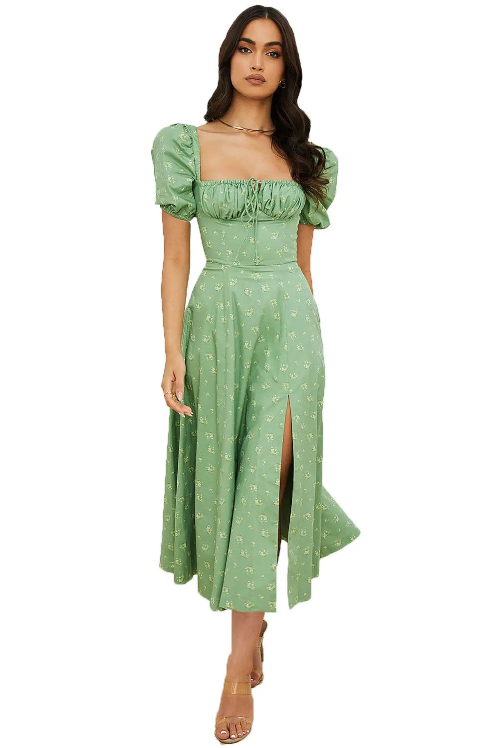 Women Summer Top Product Puff Sleeve Floral Tie Neck High Slit Women Dress Summer Ragazza