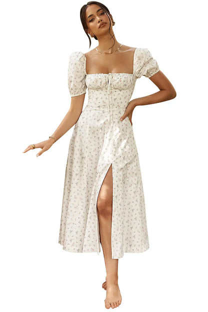 Women Summer Top Product Puff Sleeve Floral Tie Neck High Slit Women Dress Summer Ragazza