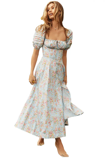 Women Summer Top Product Puff Sleeve Floral Tie Neck High Slit Women Dress Summer Ragazza