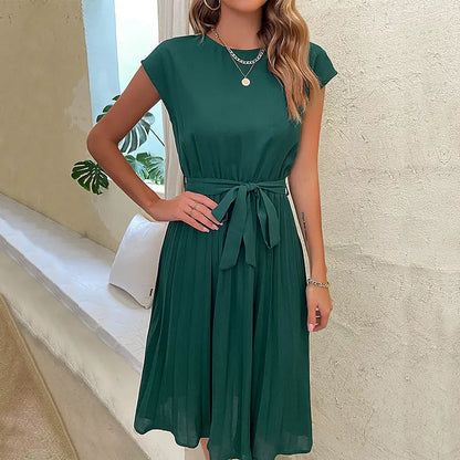 Products Summer Vacation Women Lace up Solid Color Pleated Dress Ragazza