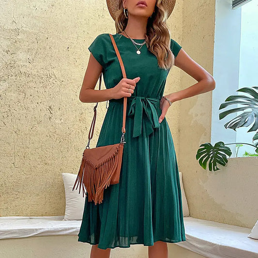 Products Summer Vacation Women Lace up Solid Color Pleated Dress Ragazza
