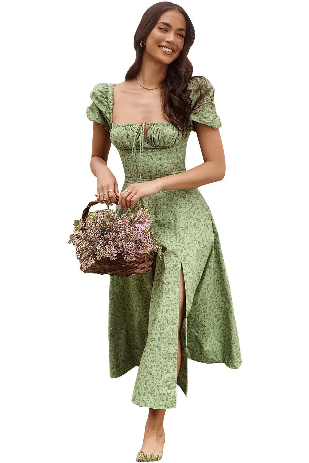 Women Summer Top Product Puff Sleeve Floral Tie Neck High Slit Women Dress Summer Ragazza
