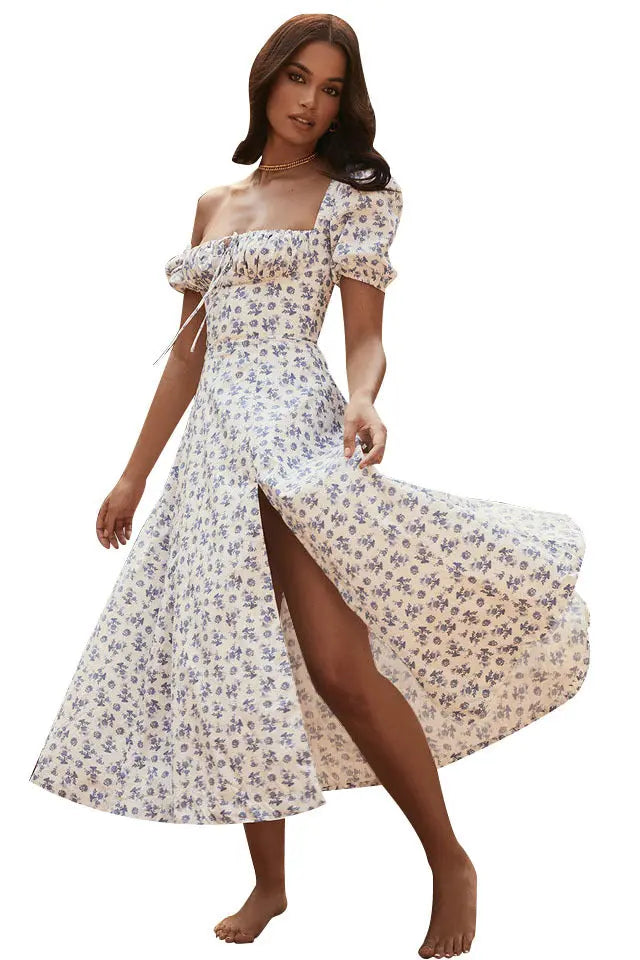 Women Summer Top Product Puff Sleeve Floral Tie Neck High Slit Women Dress Summer Ragazza