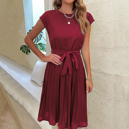 Products Summer Vacation Women Lace up Solid Color Pleated Dress Ragazza