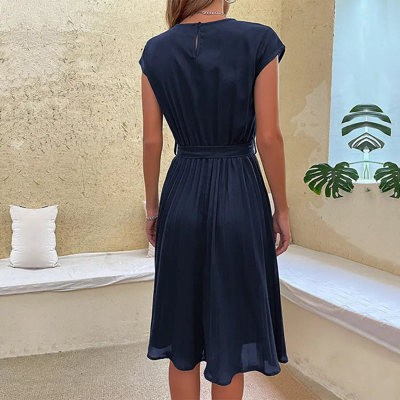 Products Summer Vacation Women Lace up Solid Color Pleated Dress Ragazza