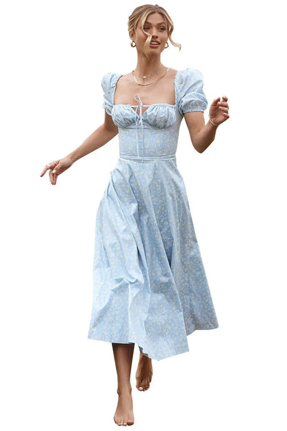Women Summer Top Product Puff Sleeve Floral Tie Neck High Slit Women Dress Summer Ragazza