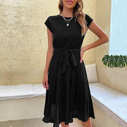 Products Summer Vacation Women Lace up Solid Color Pleated Dress Ragazza