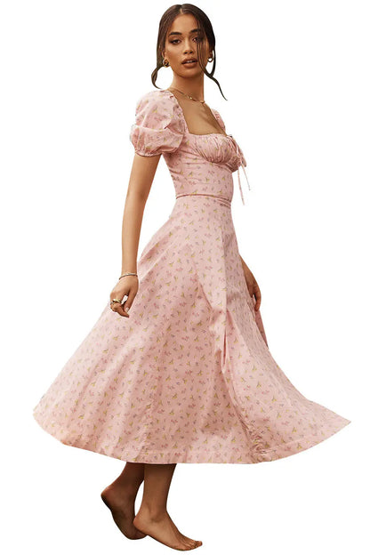Women Summer Top Product Puff Sleeve Floral Tie Neck High Slit Women Dress Summer Ragazza