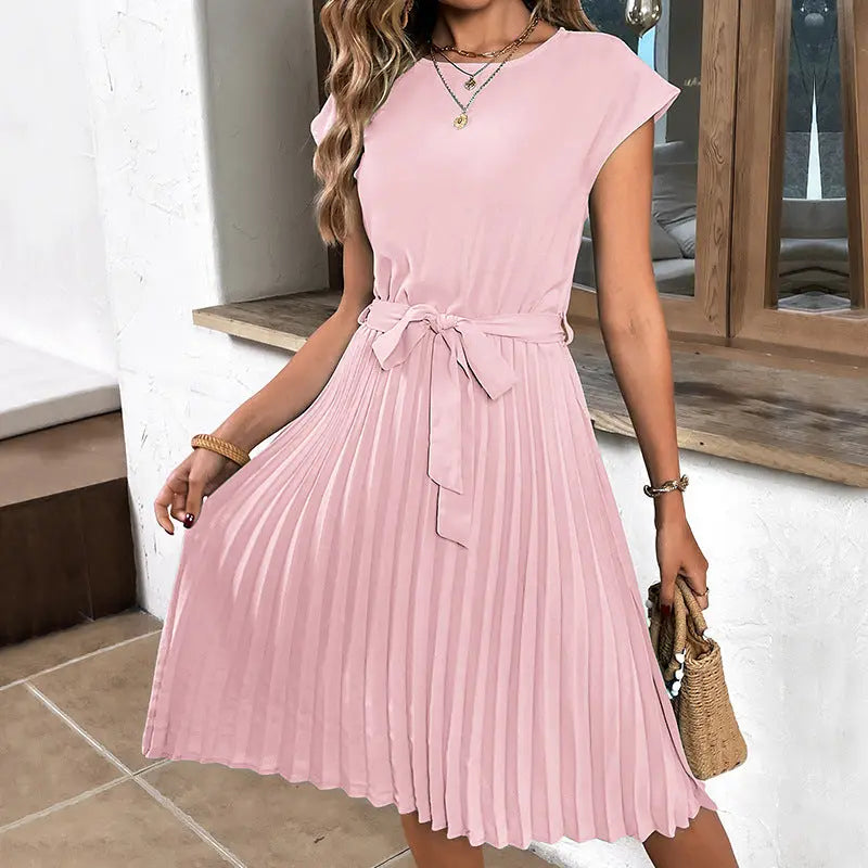 Products Summer Vacation Women Lace up Solid Color Pleated Dress Ragazza