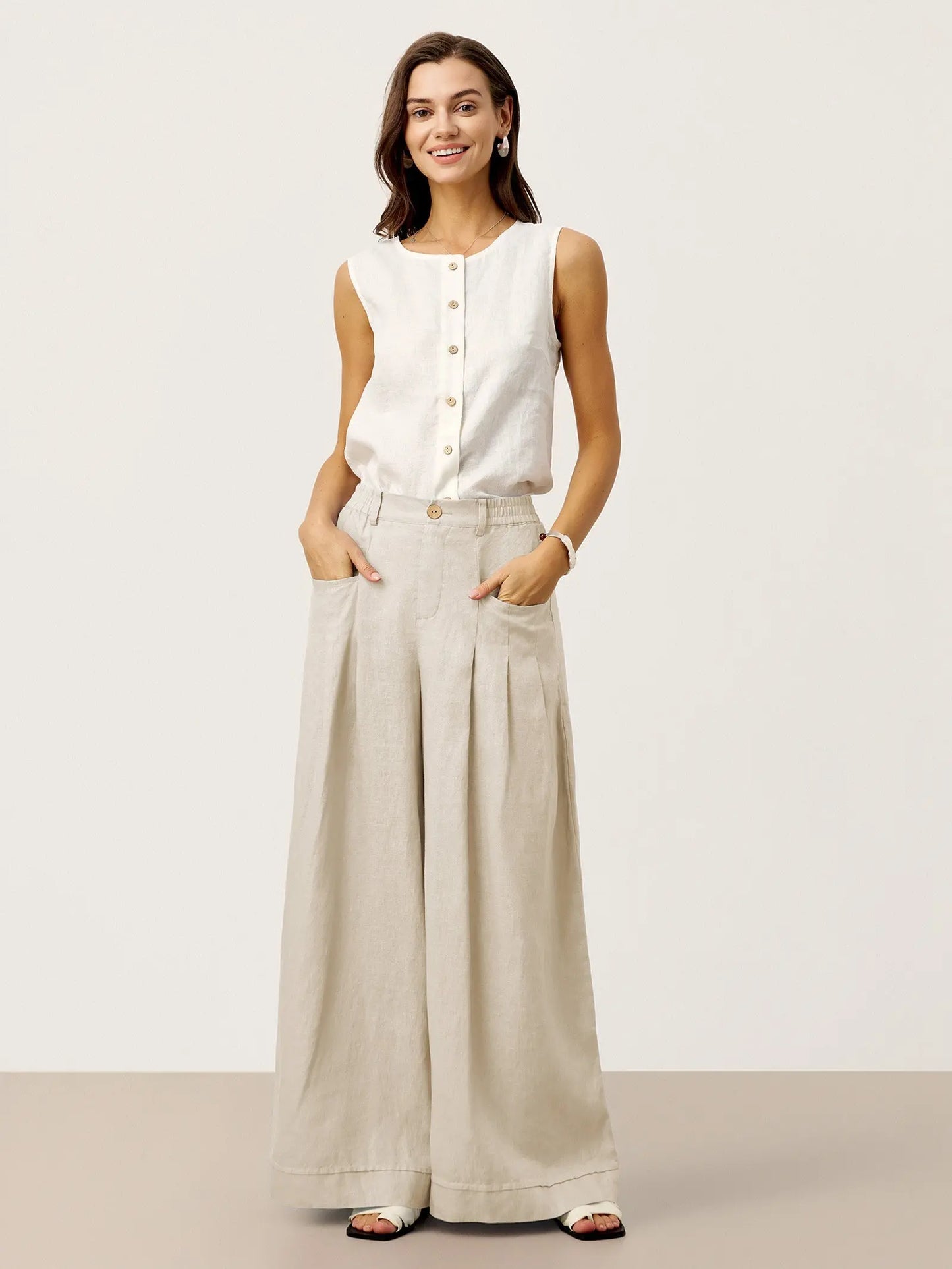100% Linen Sculpted Pleat Elasticated Back Relaxed Pants VERIDIANA LINTICO