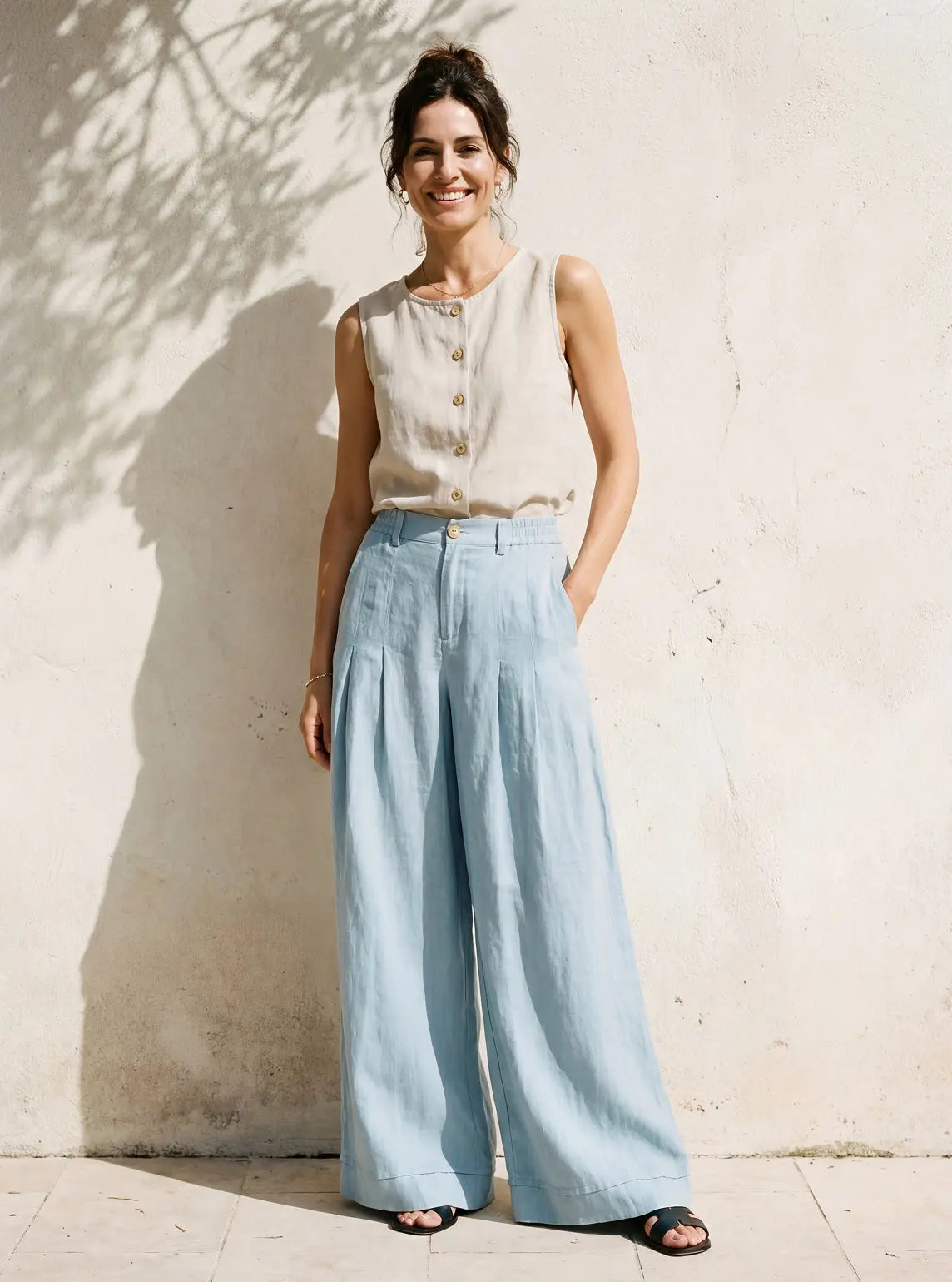 100% Linen Sculpted Pleat Elasticated Back Relaxed Pants VERIDIANA LINTICO