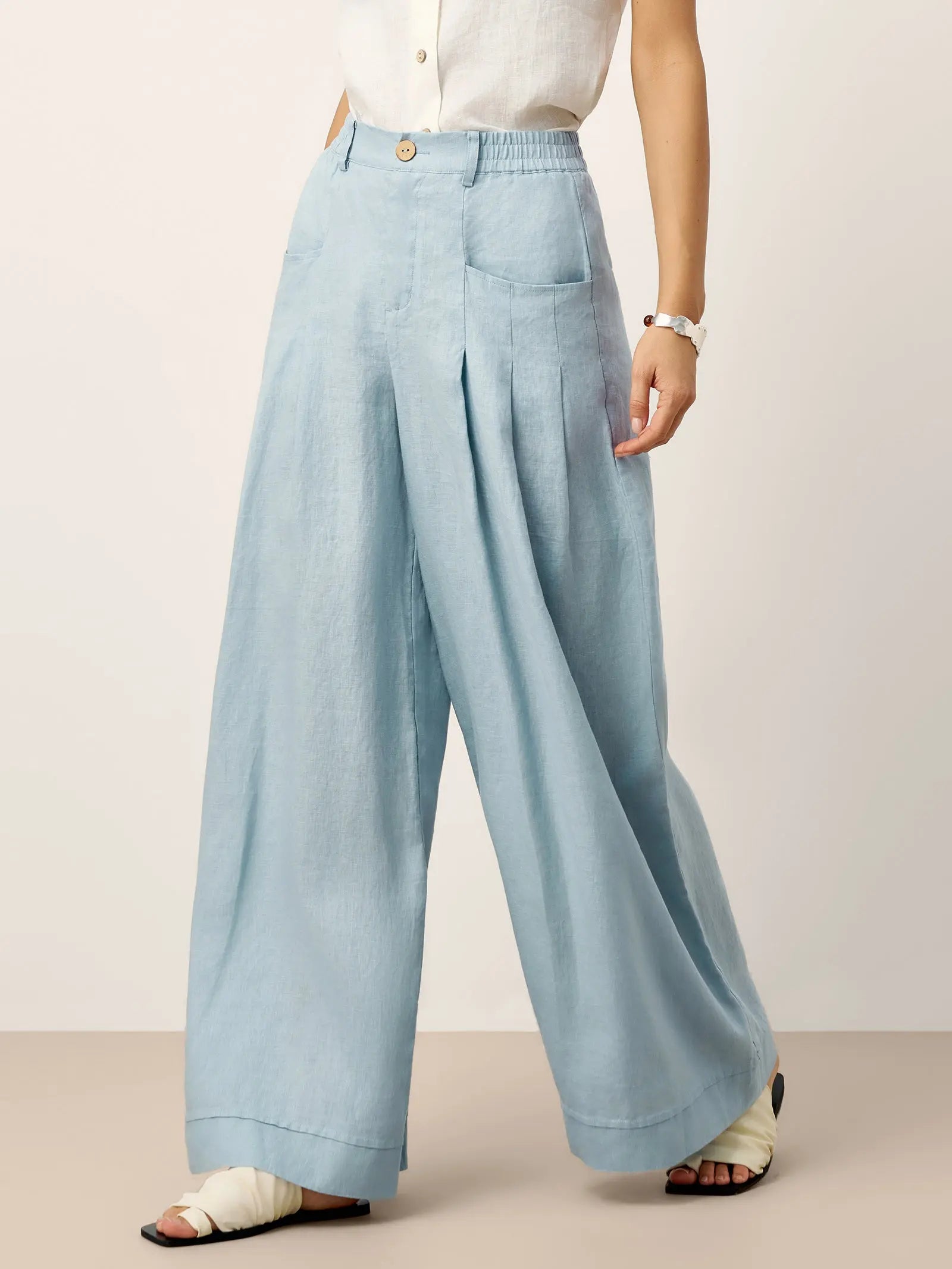 100% Linen Sculpted Pleat Elasticated Back Relaxed Pants VERIDIANA LINTICO