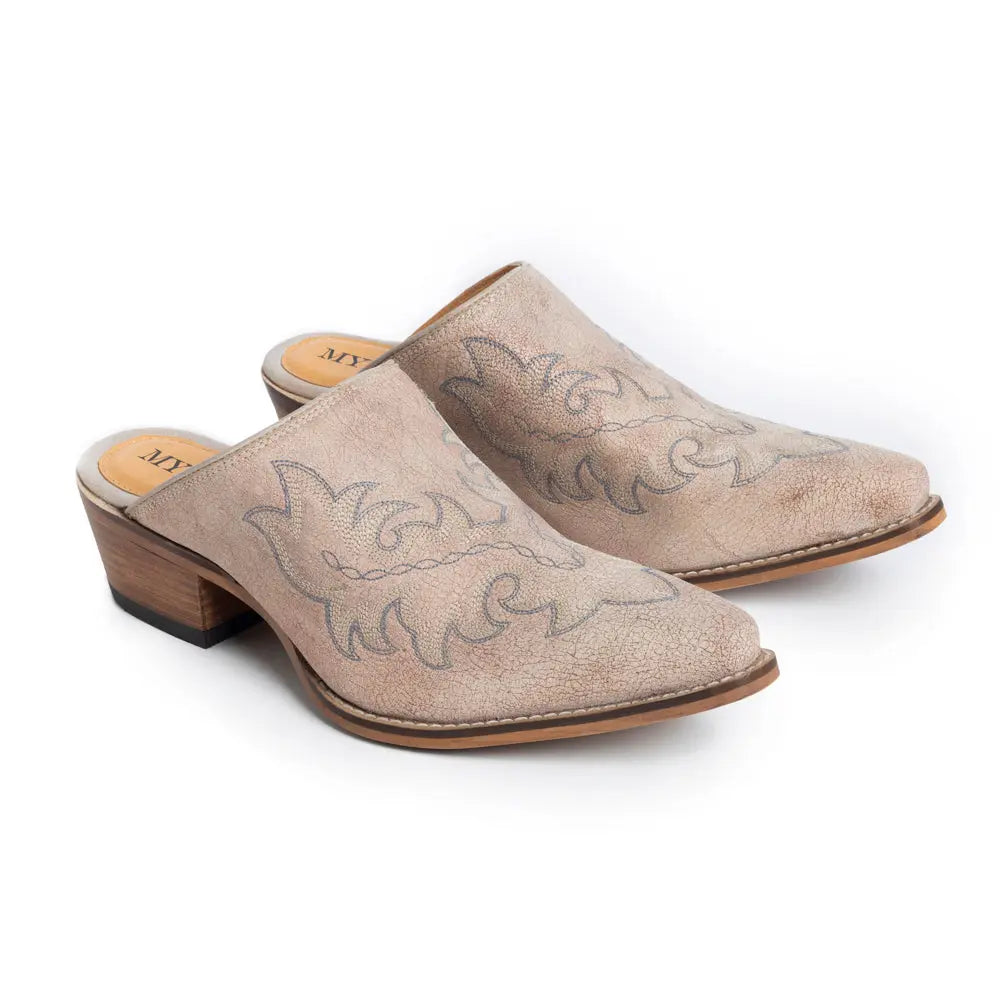 Myra El Paso Ivory Embroidered Mules for Women Pointed Toe, Low Block Heel Western Leather Shoes Myra USA