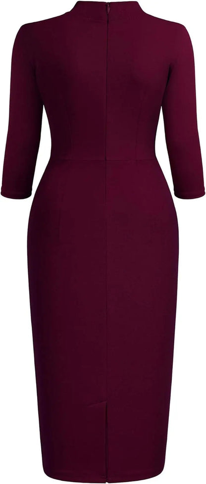 Women'S Retro Half Collar Ruffle 2/3 Sleeve Cocktail Pencil Dress
