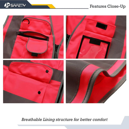9 Pockets High Visibility Zipper Front Safety Vest with Reflective Strips, Meets ANSI/ISEA Standards (Large, 150-Pink)