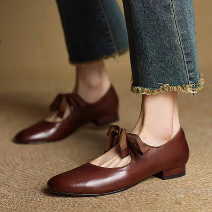 Women's French Vintage Genuine Leather Round Toe Chunky Heel Shoes FitiqueFit