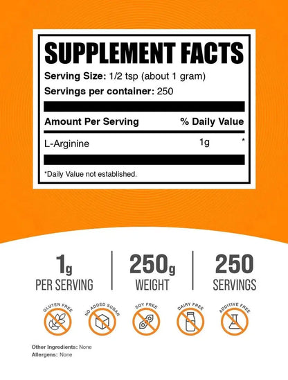 Bulksupplements L-Arginine Powder - Arginine Supplement - Unflavored, 250G (8.8)