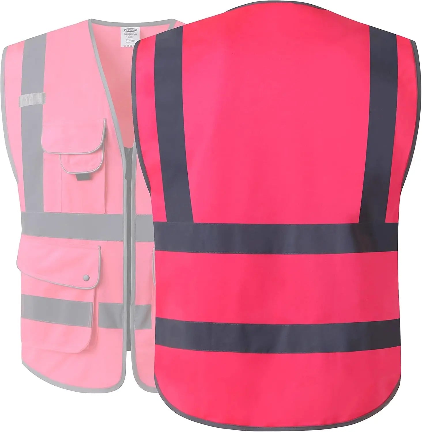 9 Pockets High Visibility Zipper Front Safety Vest with Reflective Strips, Meets ANSI/ISEA Standards (Large, 150-Pink)