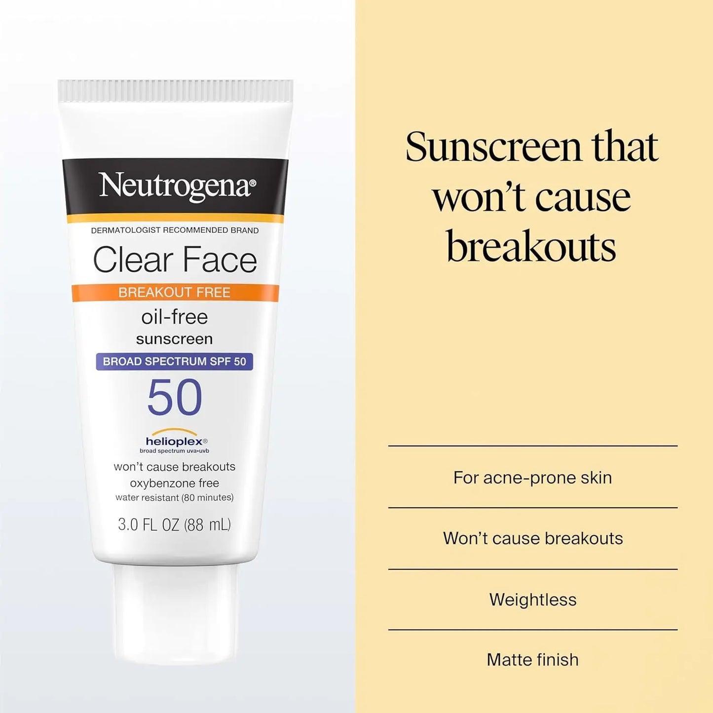 Neutrogena Clear Face Sunscreen Lotion SPF 50 for Acne-Prone Skin Broad Spectrum UVA UVB Protection Oil-Free No-Fragrance No-Oxybenzone Water-Resistant Daily Face Moisturizer, 3 Fl Oz