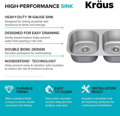 KRAUS Premier 32-Inch Undermount 50/50 Double Bowl 18-Gauge Stainless Steel Kitchen Sink with Strainers (X2), KBU22