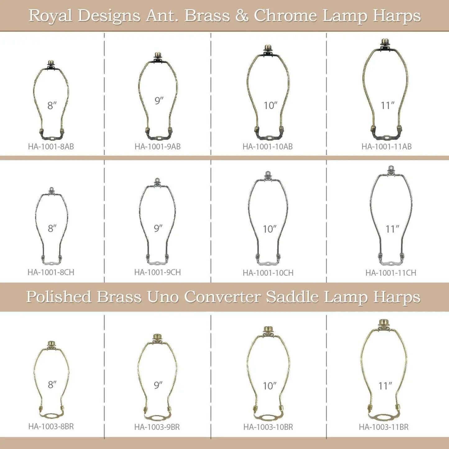 HA-1001-7BR-1 Heavy Duty Harp for Lamp Shade Holder, 7 Inch, Polished Brass Base