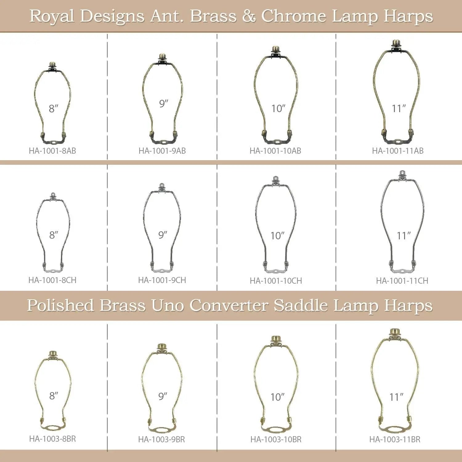 HA-1001-7BR-1 Heavy Duty Harp for Lamp Shade Holder, 7 Inch, Polished Brass Base