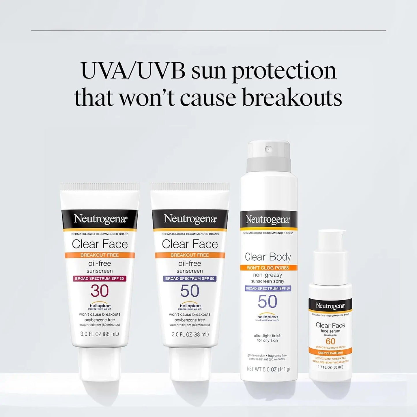 Neutrogena Clear Face Sunscreen Lotion SPF 50 for Acne-Prone Skin Broad Spectrum UVA UVB Protection Oil-Free No-Fragrance No-Oxybenzone Water-Resistant Daily Face Moisturizer, 3 Fl Oz