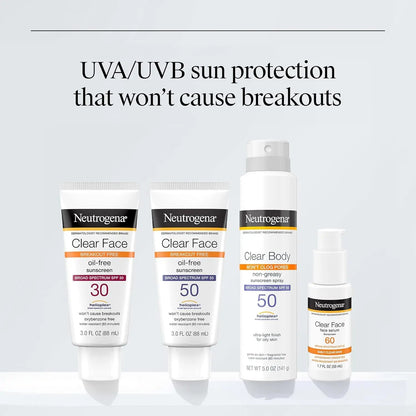 Neutrogena Clear Face Sunscreen Lotion SPF 50 for Acne-Prone Skin Broad Spectrum UVA UVB Protection Oil-Free No-Fragrance No-Oxybenzone Water-Resistant Daily Face Moisturizer, 3 Fl Oz