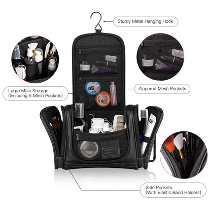 Travel Toiletry Bag, Hanging Toiletry Bag for Men, Leather Travel Shower Bag for Toiletries Dopp Kit Bathroom Bag with Metal Hook Gift for Men (Black)