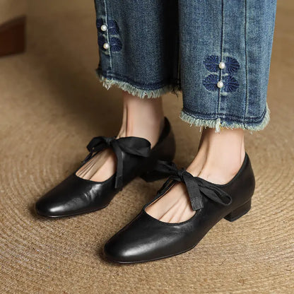 Women's French Vintage Genuine Leather Round Toe Chunky Heel Shoes FitiqueFit