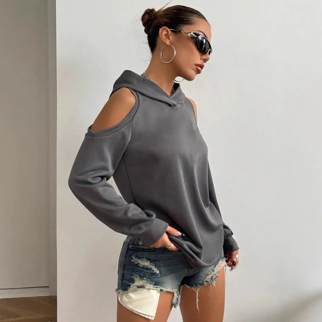 Autumn And Winter Solid Color Off-the-shoulder Hooded Women's Fashion Sweater My Store