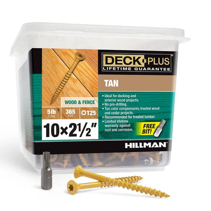 2-1/2 Inch Epoxy Coated Exterior Wood and Fence Screws #10 X 2-1/2" Torx/Star Drive Included Coarse Thread, Outdoor Rust Resistant Decking Screw, Tan, 5 Lb Box, 365 Pieces | 48416
