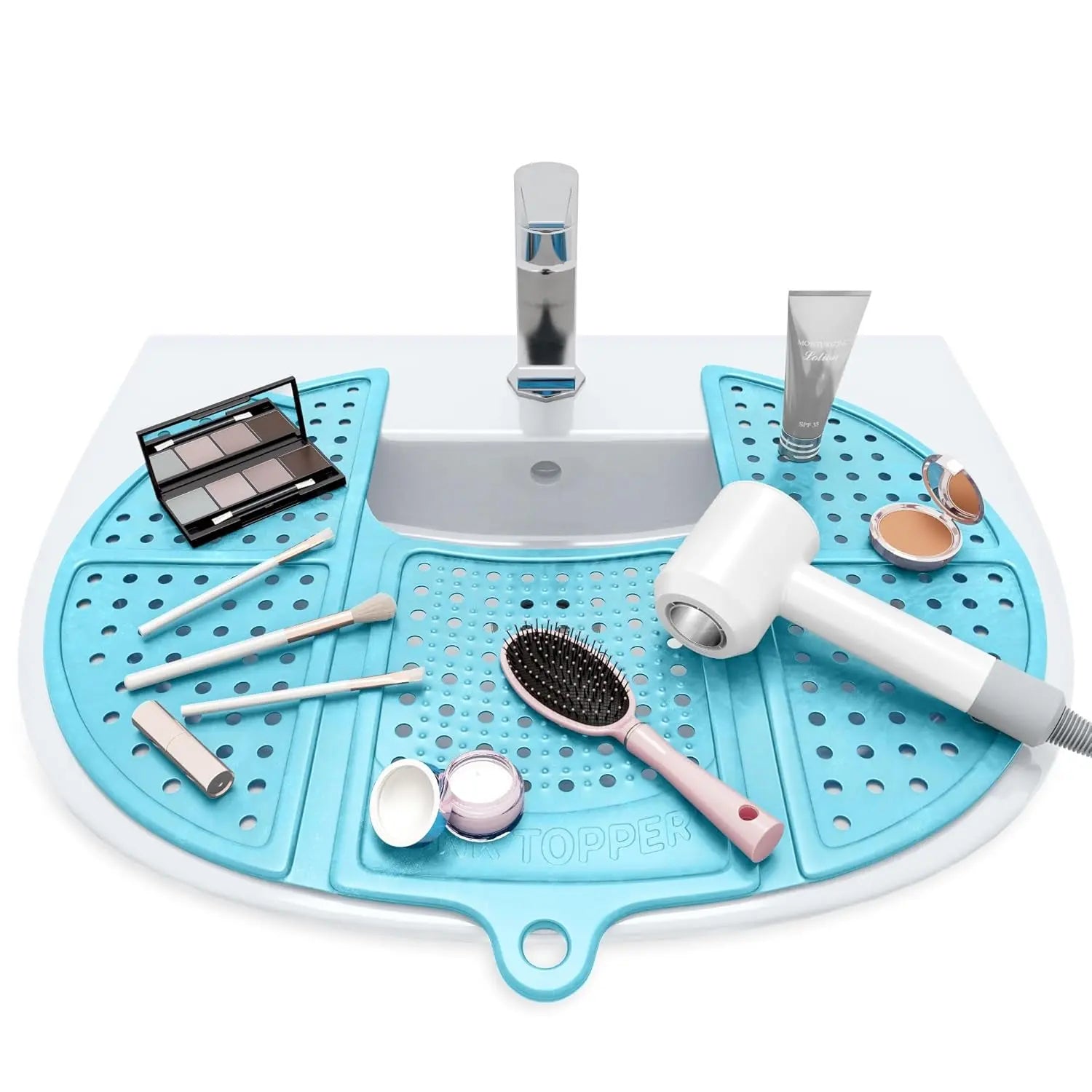 Bathroom Counter Cover & Storage Saver, Foldable Mat for Hot Tools, Hair Styling & Makeup, Beauty Brush Cleaning Mat, RV Camper Sink Cover & for Small Spaces (Standard Pacific Blue)