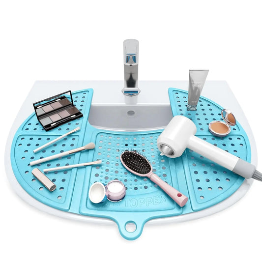 Bathroom Counter Cover & Storage Saver, Foldable Mat for Hot Tools, Hair Styling & Makeup, Beauty Brush Cleaning Mat, RV Camper Sink Cover & for Small Spaces (Standard Pacific Blue)
