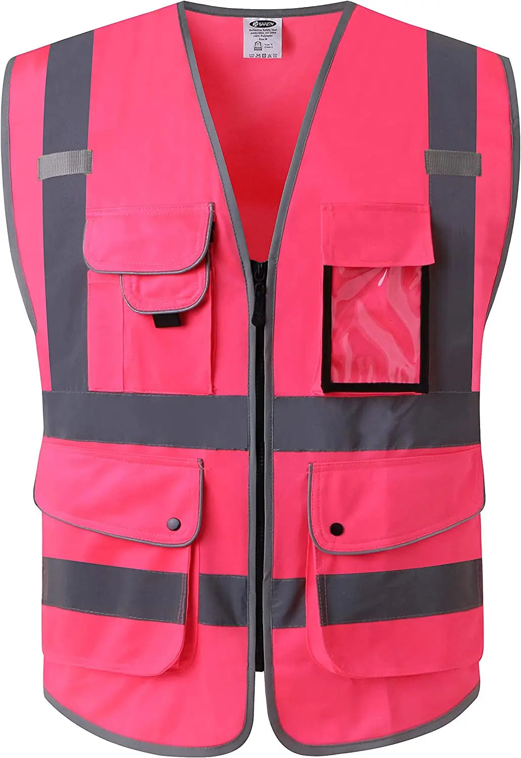 9 Pockets High Visibility Zipper Front Safety Vest with Reflective Strips, Meets ANSI/ISEA Standards (Large, 150-Pink)