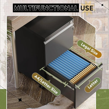 2 Drawer Metal File Cabinet, Fully Assembled, under Desk, Black, Lock, Fits Letter/Legal/A4 Size Files
