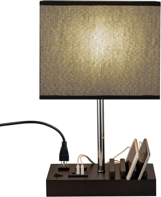 USB Table Lamp, Multi-Functional Desk Lamp with 2 AC Outlets, Bedside Lamp with 3 USB Charging Ports and Wooden Phone Stands, Nightstand Lamp for Bedroom, Livingroom, Office, Black Shade