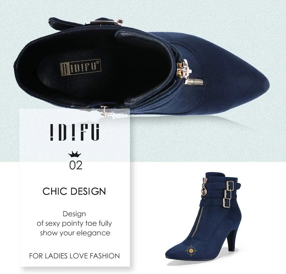 Women'S Pointed Toe Metal Buckle Two Strap Ankle Booties Side Zipper Kitten Heel Dress Classic Short Boots