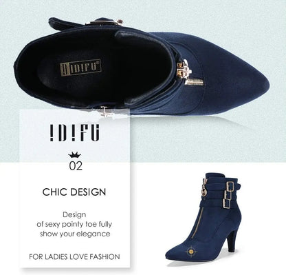 Women'S Pointed Toe Metal Buckle Two Strap Ankle Booties Side Zipper Kitten Heel Dress Classic Short Boots